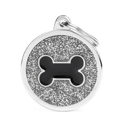 MyFamily Shine Big Circle Grey Glitter Black Bone Pet ID Tag 3 MyFamily Shine Big Circle Grey Glitter Black Bone Pet ID Tag
